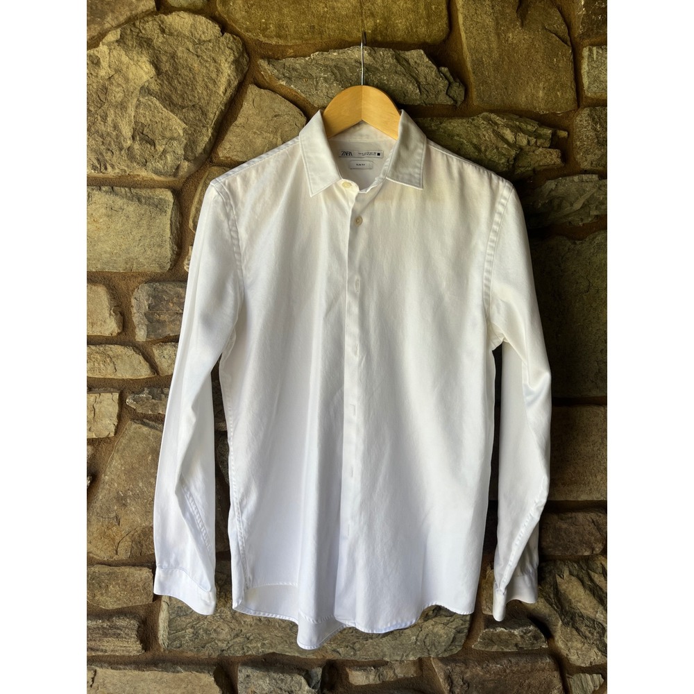 Zara Mens White Cotton Twill Button Down Slim Fit Shirt M